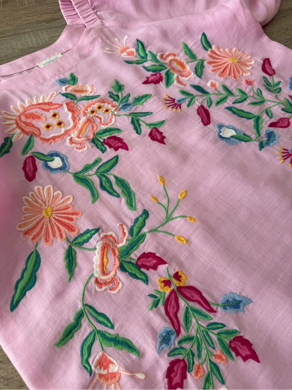 Sundance Floral Embroidered Pink Floral Embroidered Puff-Sleeve Top Blouse L - Picture 4 of 13